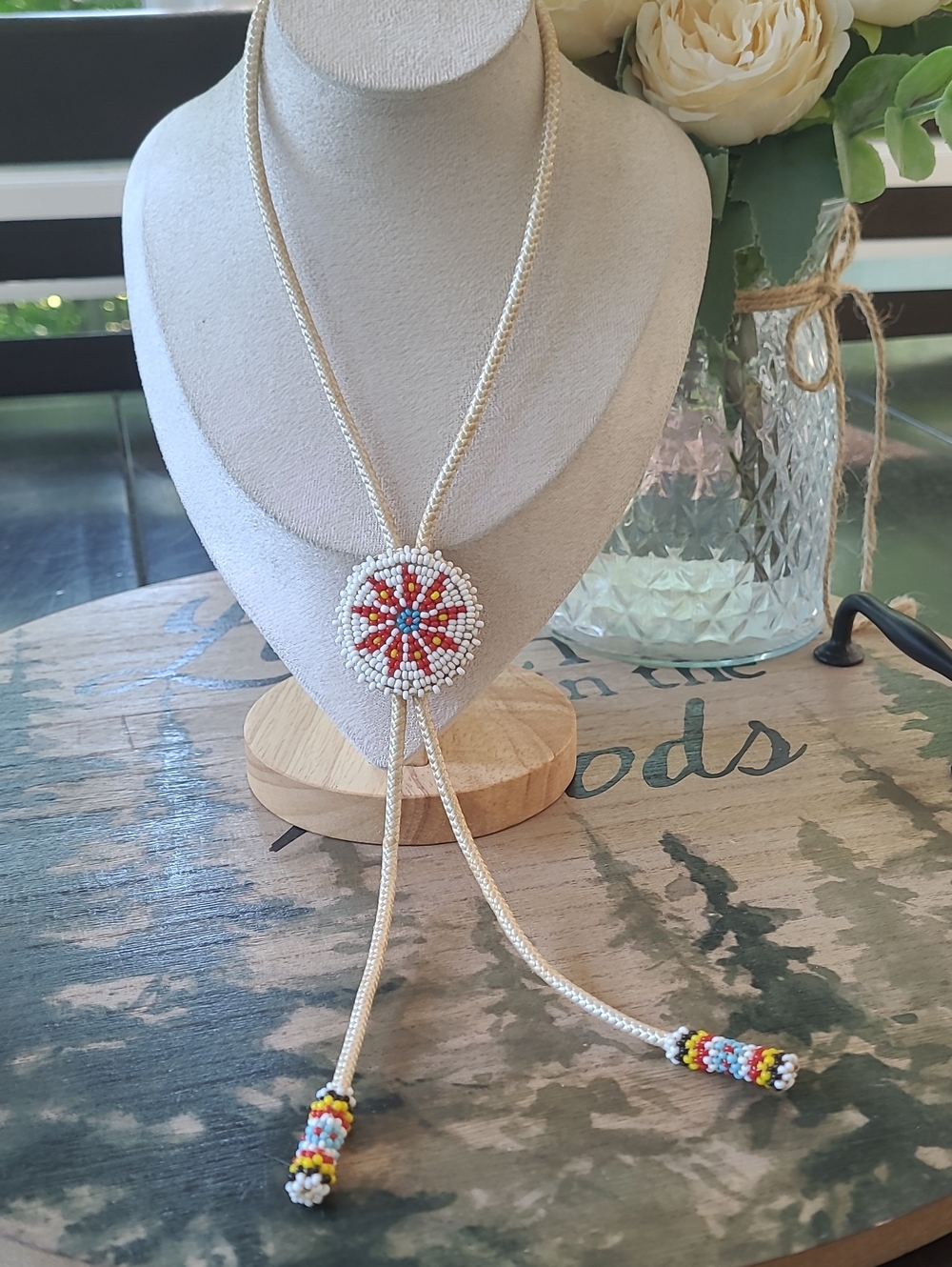 Antique Native American Woven Bead Folk Art Bolo Tie